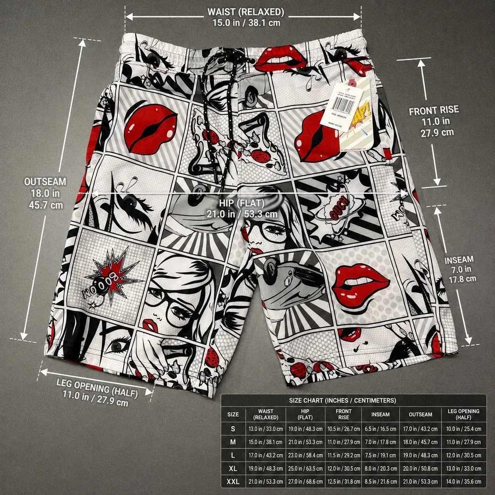 Drill Clothing Co. Men's Shorts Medium White Black Red Pop Art NWT